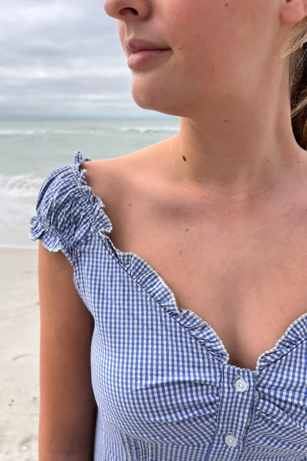 Blue Plaid Ruffles T-shirt Women Summer Folds V-neck Single Breasted Short Sleeve Tee Shirts Sweet Girls Cotton Slim Crop Top