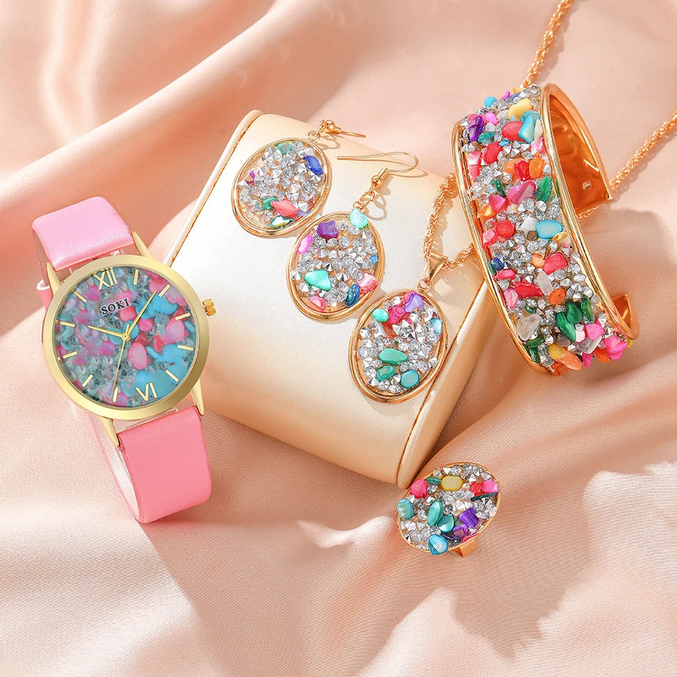Luxus Damen Set Mode Strass - Uhr Ring Halskette Armband