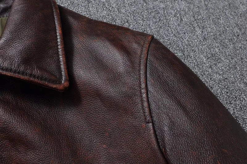 New Men's Genuine Leather Jacket Vintage Stone Milled Top Layer Cowhide Bomber Jacket A2 Brown Men's Calfskin Motorcycle Jacket
