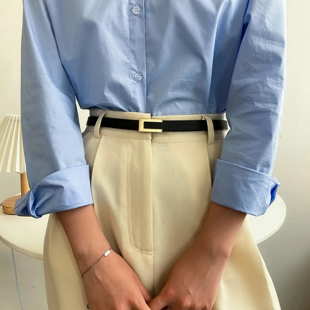 New Luxury Women Thin Belt Black Gold Silver Metal Buckle Belt PU Casual Leather Waist Belt Trouser Dress Decoration Waistband
