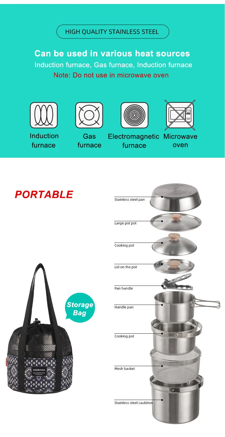 NOBANA Newest Outdoor Stainless Steel Pot Set Camping Family Pot Set 5L Portable Picnic Soup Pot Frying Steaming Household Pot