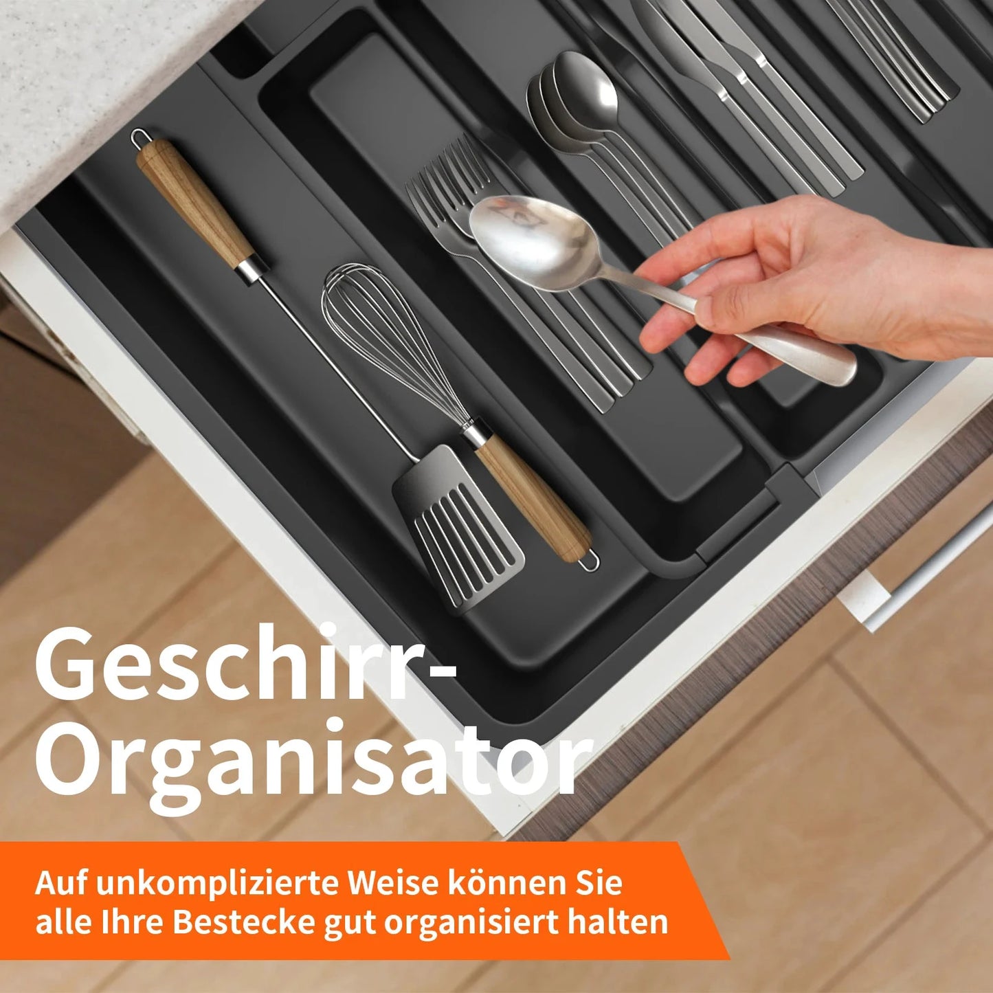 Verbessertes erweiterbares Besteck-Schubladentablett | Küchenutensilien-Organizer mit 6–8 Fächern | Besteck-Aufbewahrungsbox für Messer, Gabel, Löffel
