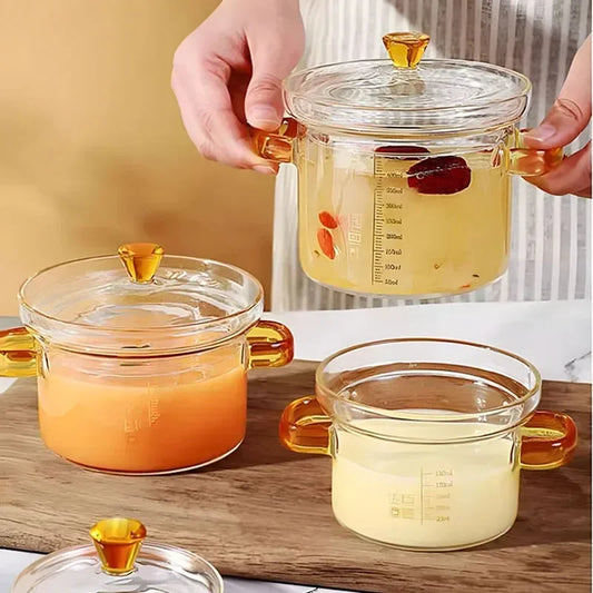 Clear Glass Saucepan Heat Resistant Cooking Pot Dual Handle Soup Pot with Cover Microwave Fire Heating Stockpot Kitchen Cookware