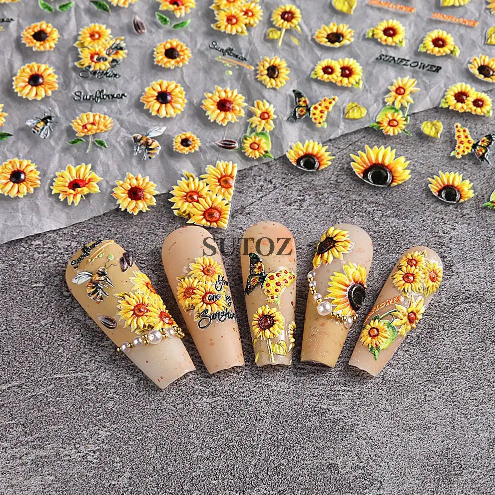 GL5D-K256 5D Sonnenblumen Nagelsticker - Herbstdesign Prägung