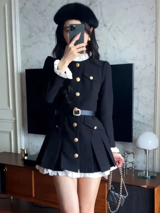 Elegant Woman Party Dress Slim Waist Single Breasted Robe Femme 2025 Vestidos De Mujer Vintage Y2k Contrast Color A-line Dresses