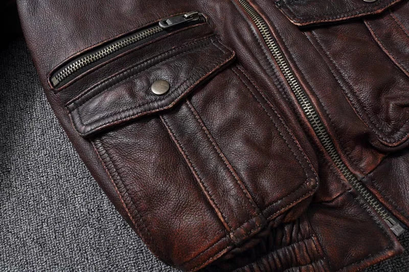 New Men's Genuine Leather Jacket Vintage Stone Milled Top Layer Cowhide Bomber Jacket A2 Brown Men's Calfskin Motorcycle Jacket