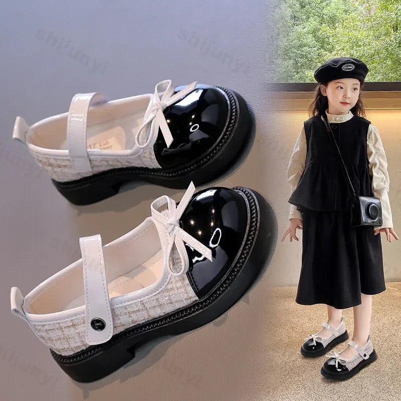 Mädchen Leder Schuhe Mode Schleife - Rutschfest Weiche Sohle Neue 2025 Herbst - Kariert PU Leder Outdoor Kinder Casual Flats