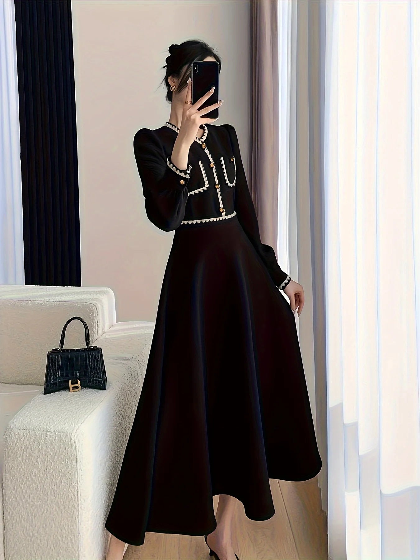[Elegant V Neck Dress] Elegant V Neck A-line Contrast Trim Cuff Sleeve Button Dress - Women's Clothing for Spring & Fall