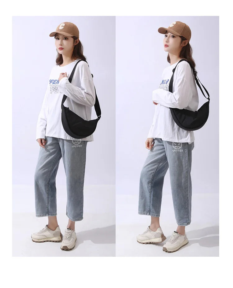 Solid Color Women's Portable Shoulder Bag Simple Female Nylon Cloth Padded Crossbody Bags Travel Purse Handbags Messenger Bag