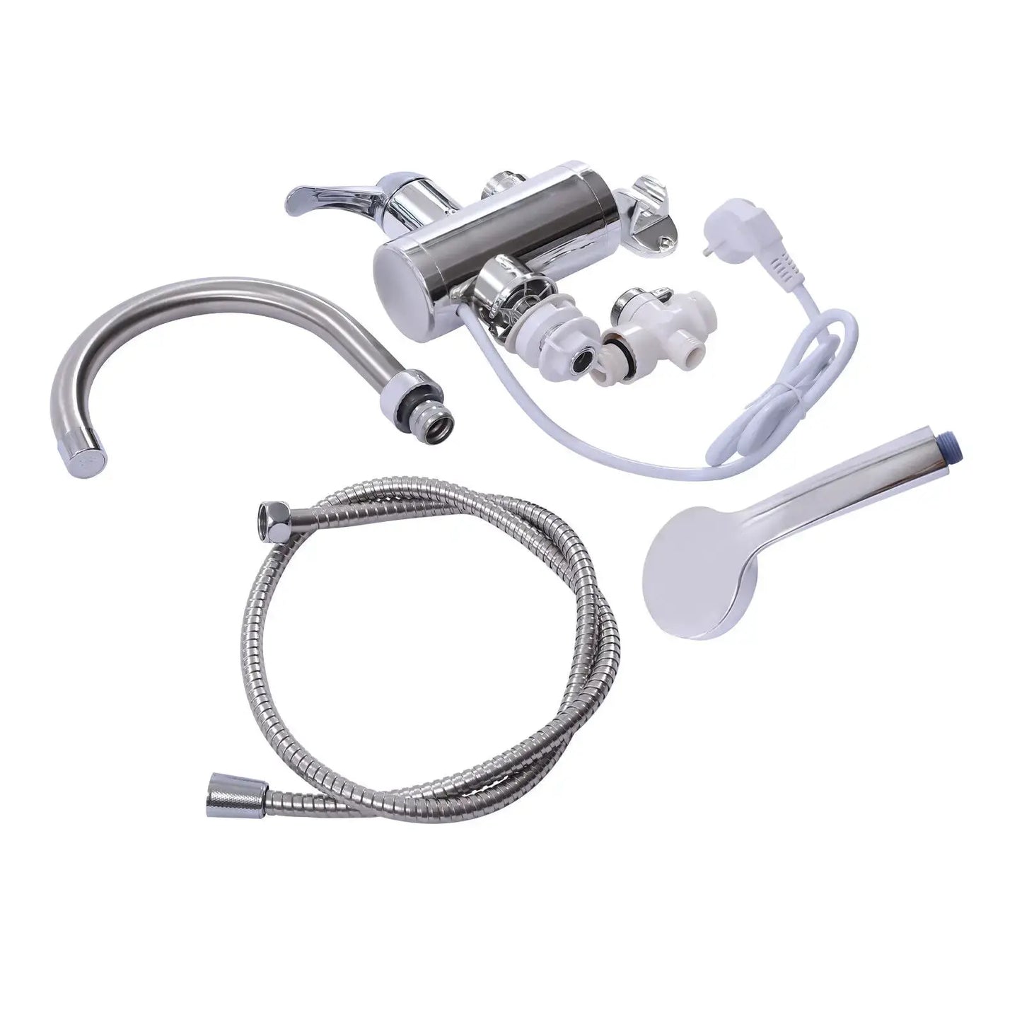 360 °   Drehbarer elektrischer Wasserhahn mit LCD-Display, 3000 W, schnelles Aufheizen, IPX4, wasserdicht, EU-Stecker für Waschbecken und Dusche, Silber