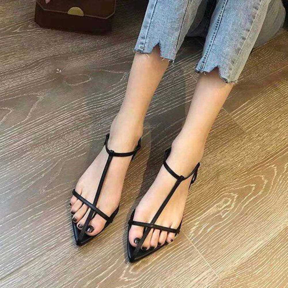 Women Flats Sandals Pointed Toe Narrow Band Design Sandals Ankle Buckle Strap Clip Toe Roman Style Casual Beach Ladies Shoes
