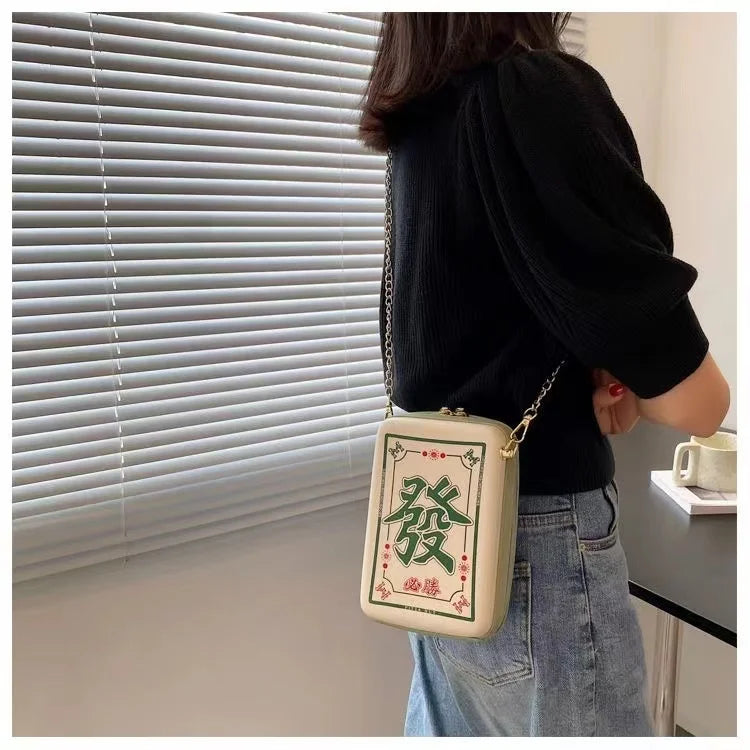 Chinese Mahjong Crossbody Bag for Women, Creative, Interesting, Printing, Chain, Shoulder Bag, PU Leather, Messenger Bag Fashion