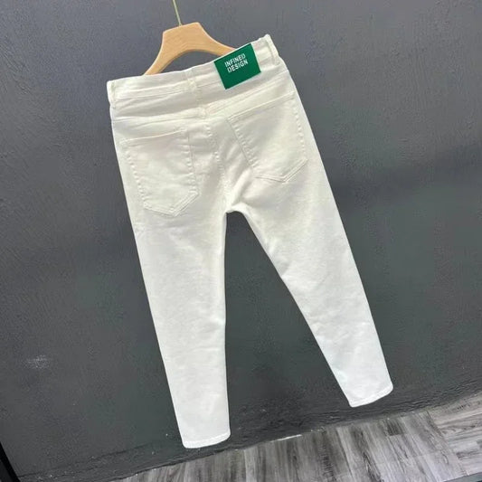 Jeans for Men White High Quality Trousers Slim Fit Tight Pipe Male Cowboy Pants Solid Skinny Stacked 2024 Korean Autumn Buggy Xs