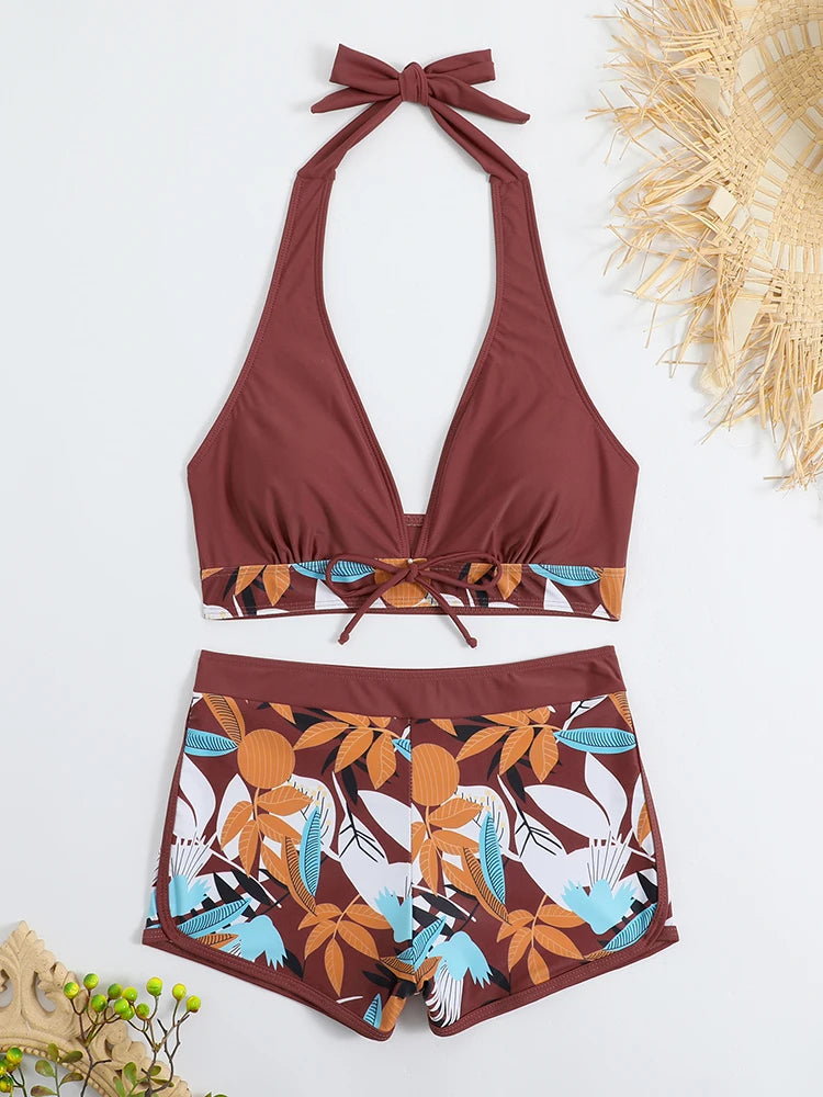 Halter Bikini Set Kurzer Schwimmanzug Frauen High Waist Bedruckte Bademode