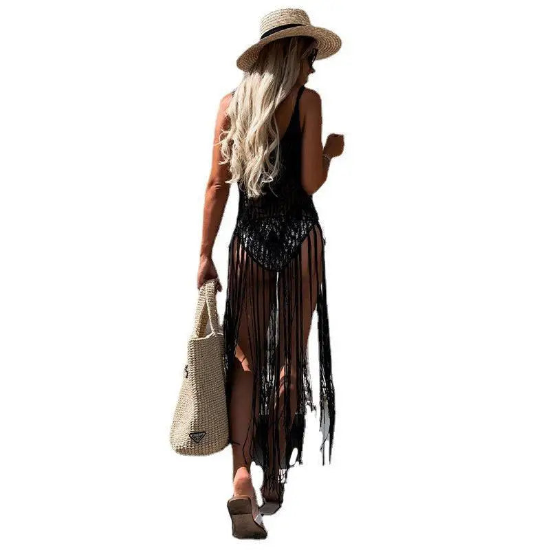 Strand Cover Ups: Hand Hook Hollow Out Spandex Polyester - Elegant Sonnenschutz Shirt Lange Quasten Beach Style Gestrickt