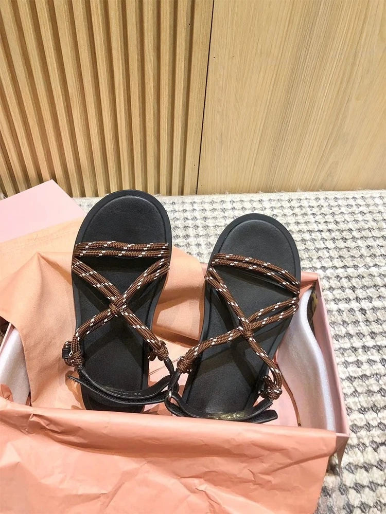Damen Seil-Knoten Zehentrenner Sandalen - Weiche Sohle Komfort Sommer - Geflochtene Riemen Fashion Sandalen