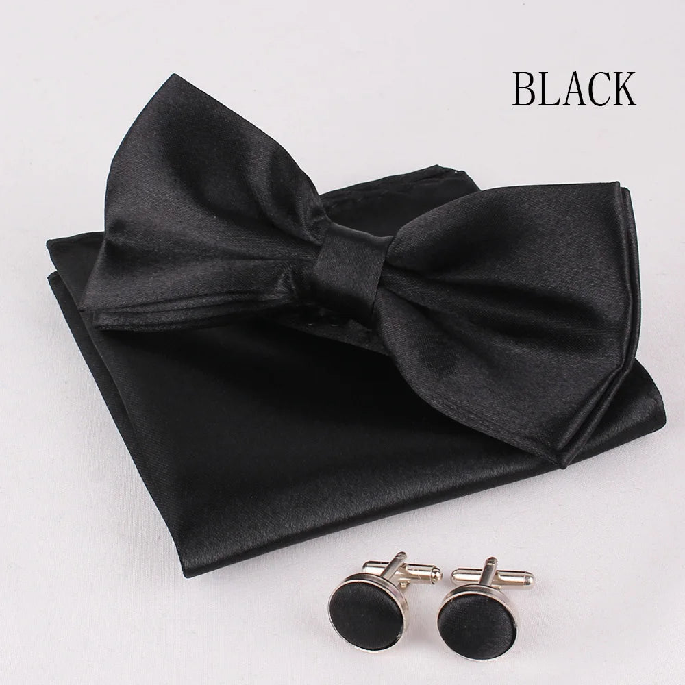 Solid Colors Polyester Adjustable Men's Accessory Set Elegant Pre-Tied Bow Tie Matching Pocket Square & Cufflinks for Wedding