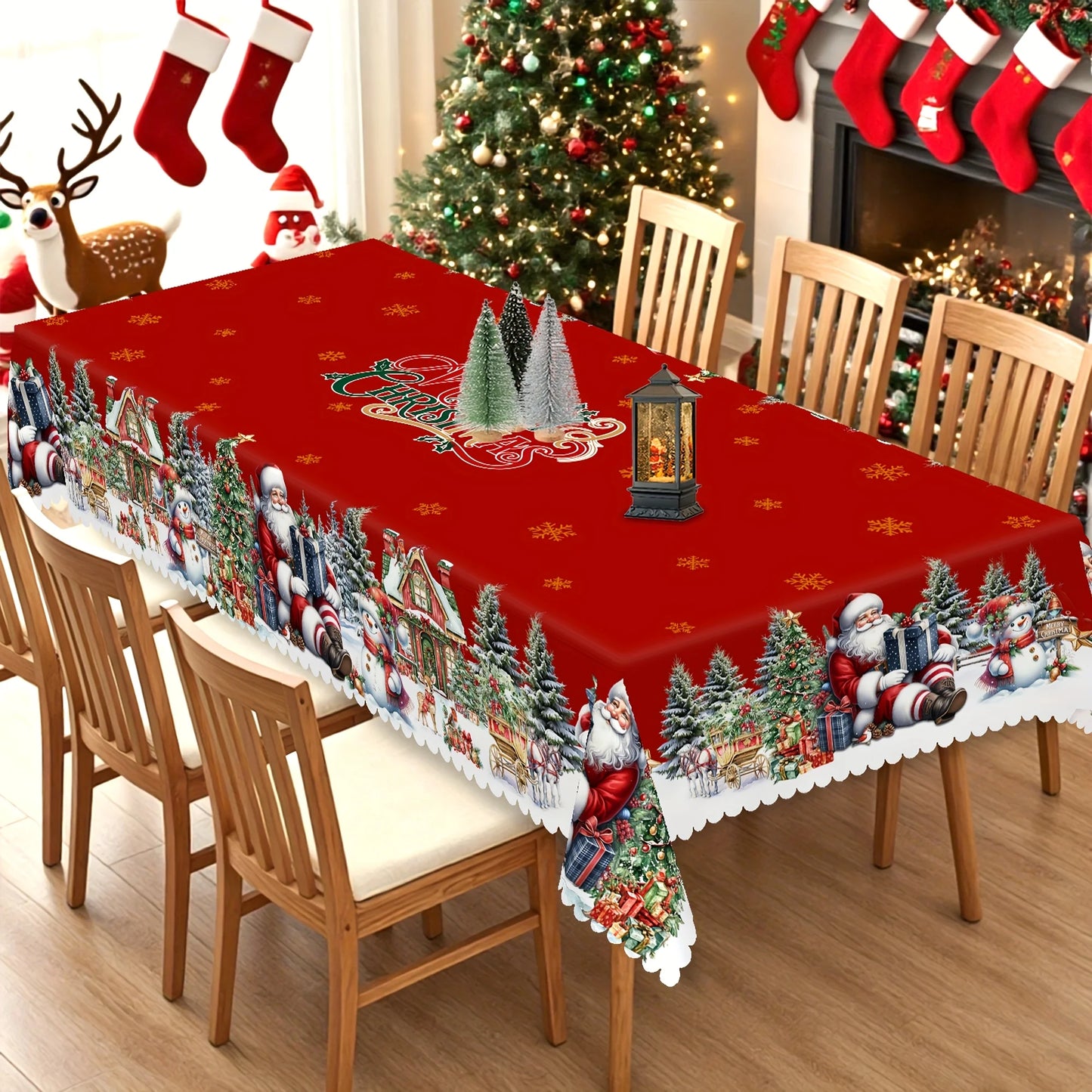 Christmas Tree Santa Claus Snowman Tablecloth for Table Decor Winter Snowflake Kitchen Dining Table Cloth Christmas Decorations