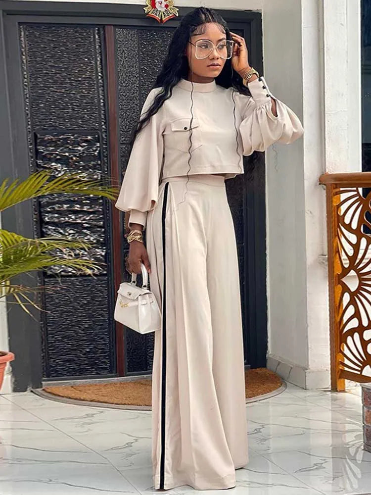 Elegant Women's Sets Two Pieces Solid Color Set Autumn Spring Piece Long Sleeve Loose Blouse and Pants Female Suit Bourgeois