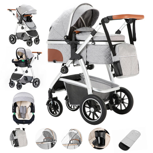 3-in-1-Kinderwagen, Hochlandschafts-Kinderwagen mit verstellbarem Griff, Reisekinderwagen mit Moskitonetz, Aluminiumrahmen, Multifunktions-Kinderwagen by Golden Bridge Store
