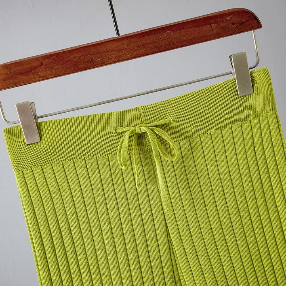 Elegant 2-Piece Sets for Women, Casual Knitting, Sleeveless, O Neck Tops, Loose Lace Up, Wide Leg Pant Set, Summer Fashion, New