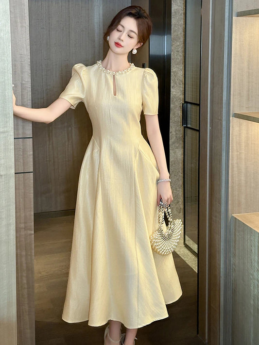 Elegant Host Evening Dress Women's French Vintage Sweet Pearl Hollow Folds Swing A-LINE Long Robe Party Catwalk Prom Vestidos