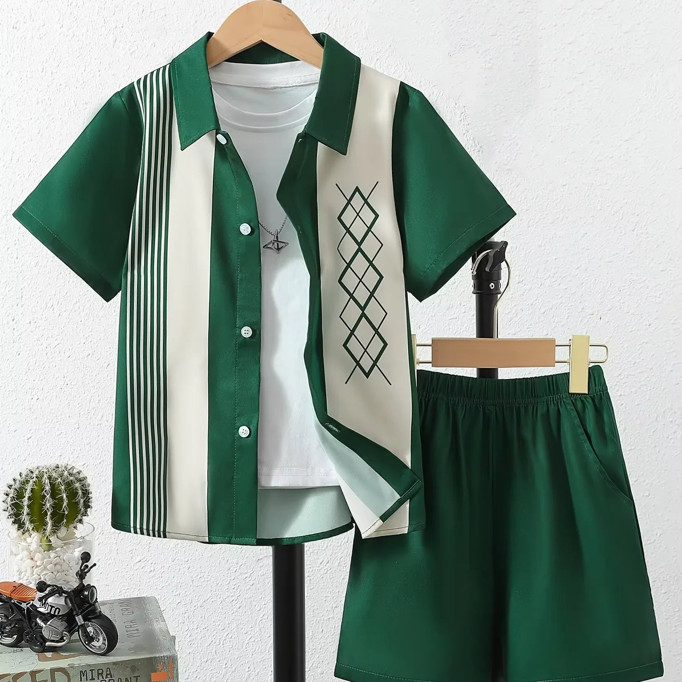 Jungen-Hawaiian-Set 2025: 3D-Plaid-Hemd & Strand-Shorts Resort - Tropisches Outfit 4-16 Jahre UV-Schutz 40+
