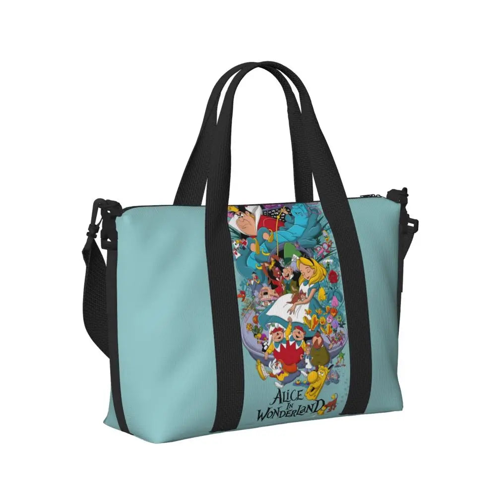 Custom Cheshire Cat Beach Tote Bag for Women We're All Mad Here Cat Big Compartment Gym Beach Travel Bags