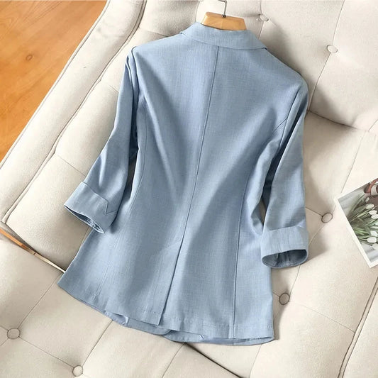 Blue Solid Casual Turn-Down Collar Single Button Three Quarter Sleeve Women's Jacket Suit Blazer Short Jackets Coat 2024 Fashion