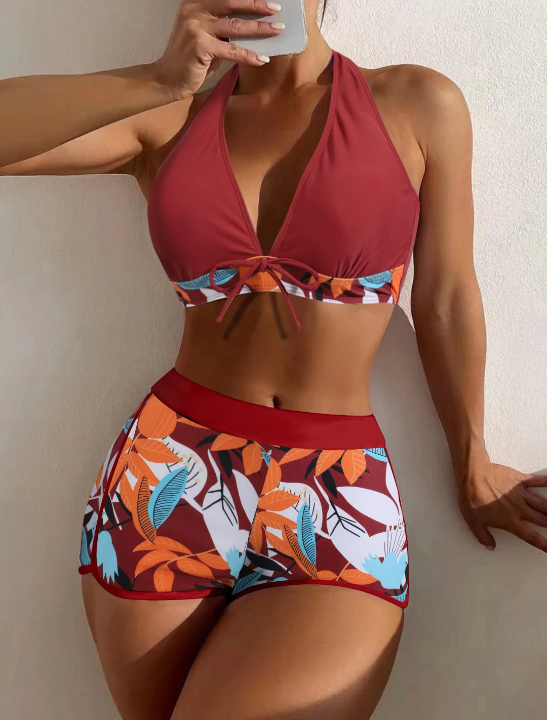 Halter Bikini Set: High Waist Design Wire-Free Support Spandex Polyester - Kurzer Schwimmanzug Frauen Bedruckte Bademode Polsterung Strandmode