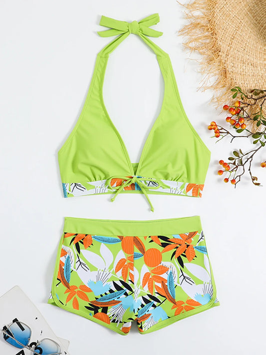 Halter Bikini Set High Waist Design Wire-Free Support Spandex Polyester Kurzer Schwimmanzug