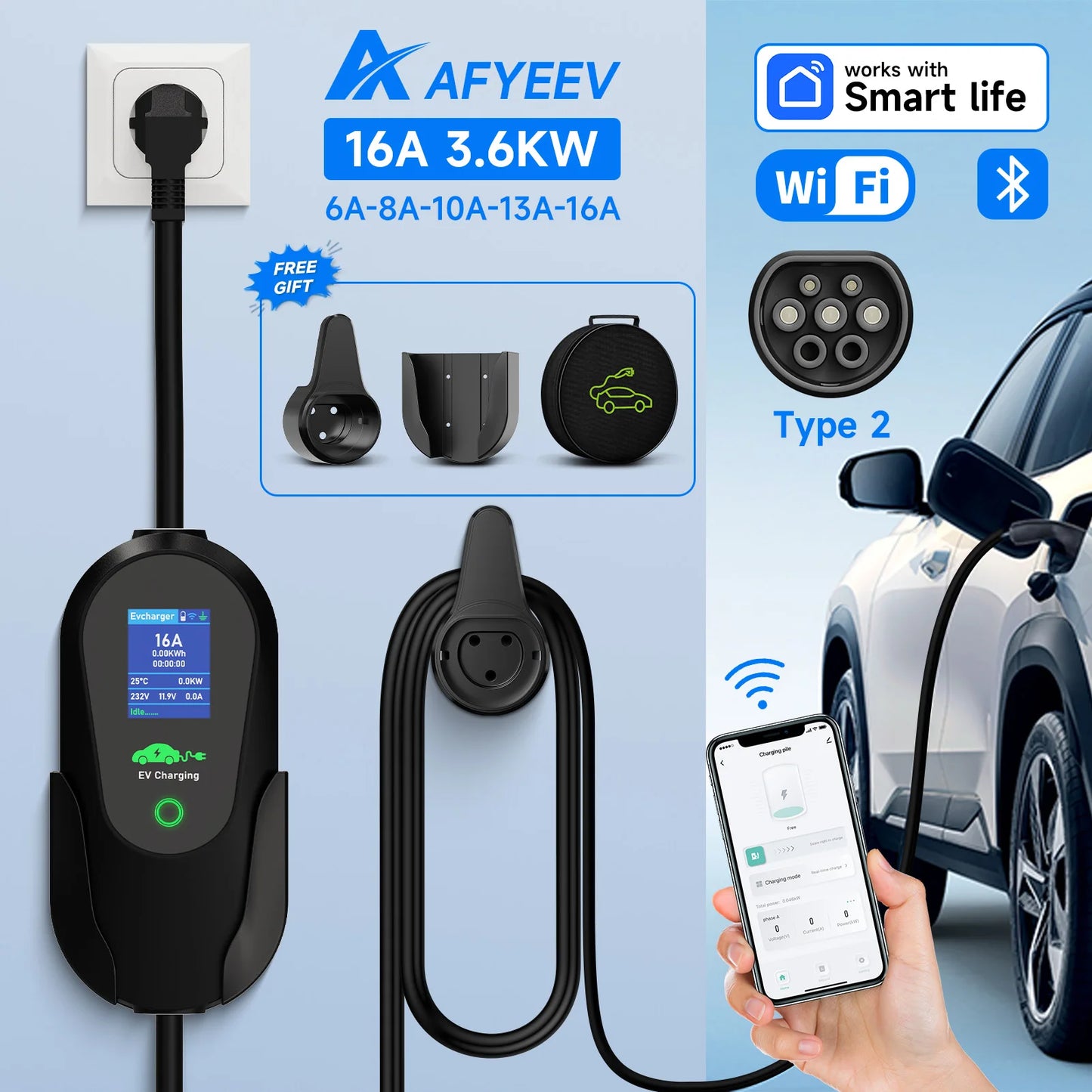 Elektroauto Ladegerät 2025 - AFYEEV 3600W Portable Type-2 EV Ladestation - WiFi Bluetooth App Steuerung Smart Charging