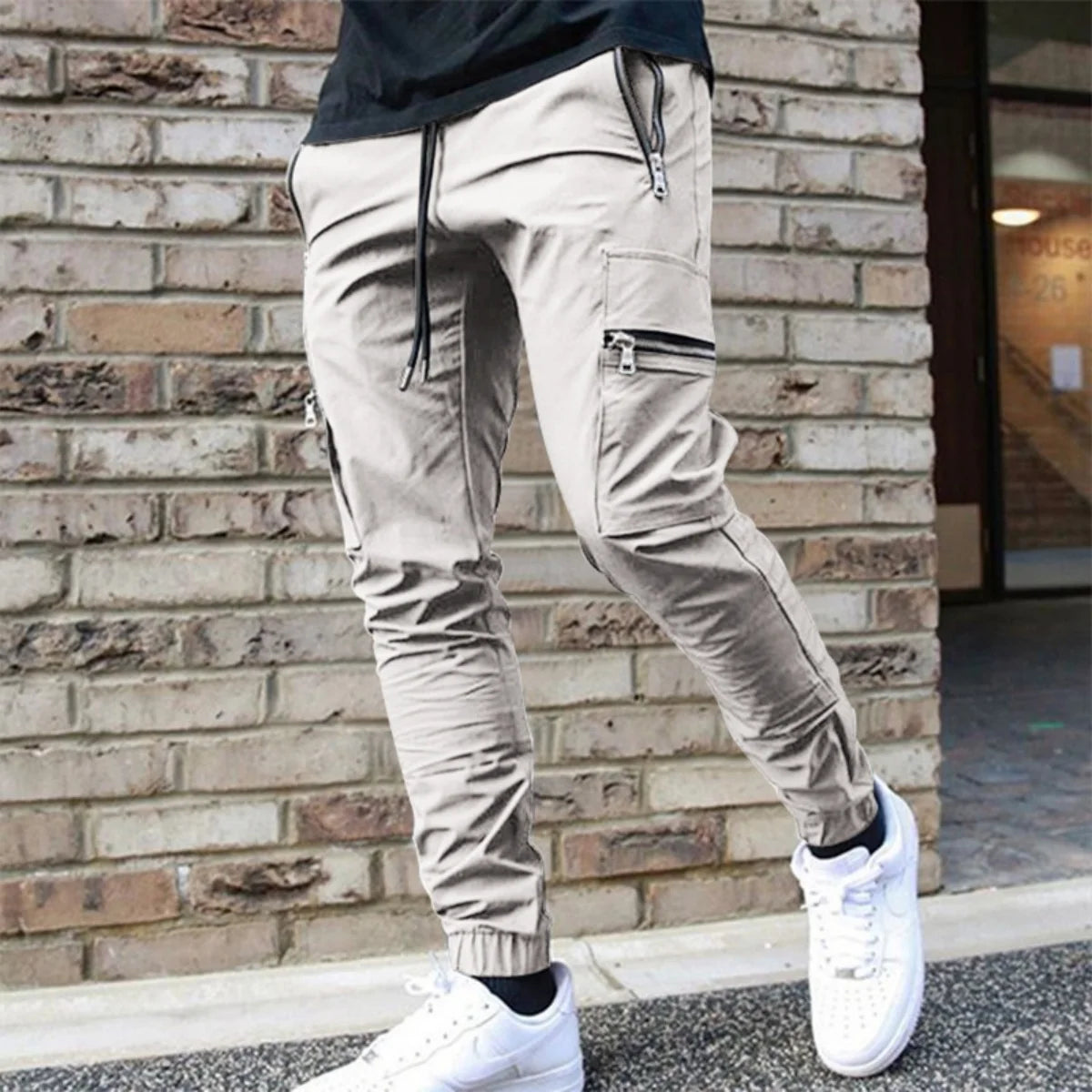 Salopetă casual pentru bărbați, primăvară și toamnă, nouă, cu cordon, personalitate, cu buzunar cu fermoar, pentru picior mic, pantaloni creion, pantaloni lungi