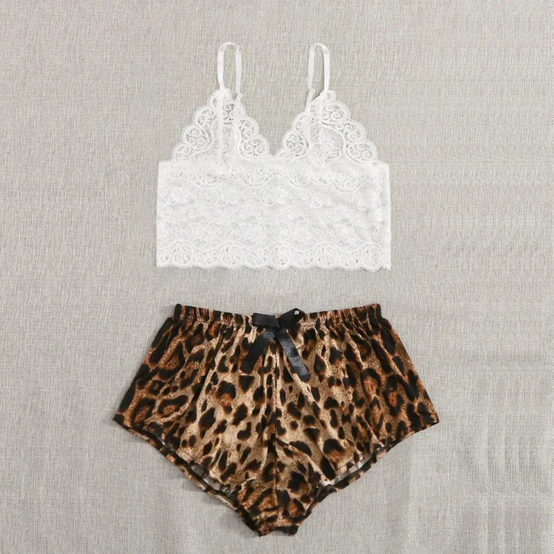 Pyjama-Set 2025: 2025 Women's New Pajamas 2pcs Sexy Lace Hollowed Out Camisole - Undershirt Leopard Print Shorts Fashion Home Cute Casual Sets Collection