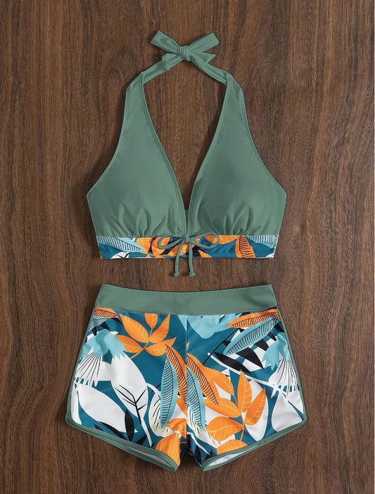 Halter Bikini Set High Waist Design Wire-Free Support Spandex Polyester Kurzer Schwimmanzug