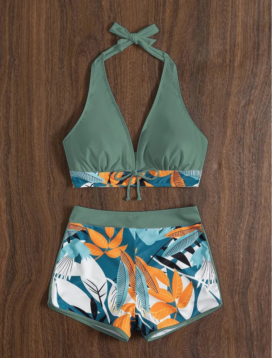 Halter Bikini Set: High Waist Design Wire-Free Support Spandex Polyester - Kurzer Schwimmanzug Frauen Bedruckte Bademode Polsterung Strandmode