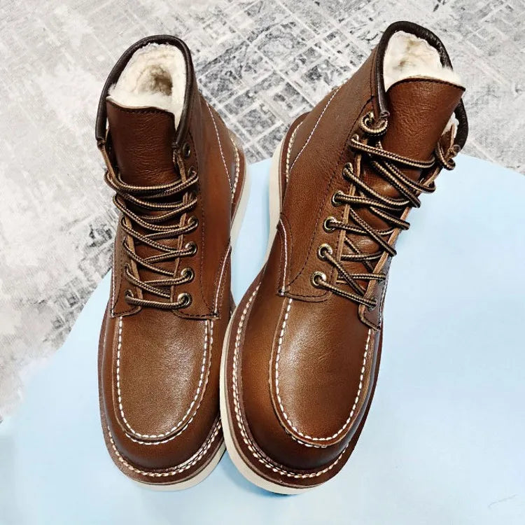 BEKEDEKECN Schneestiefel Warmes Wollfutter - Obermaterial Leder, Innenfutter Wolle, Schnürung Knöchelhoch