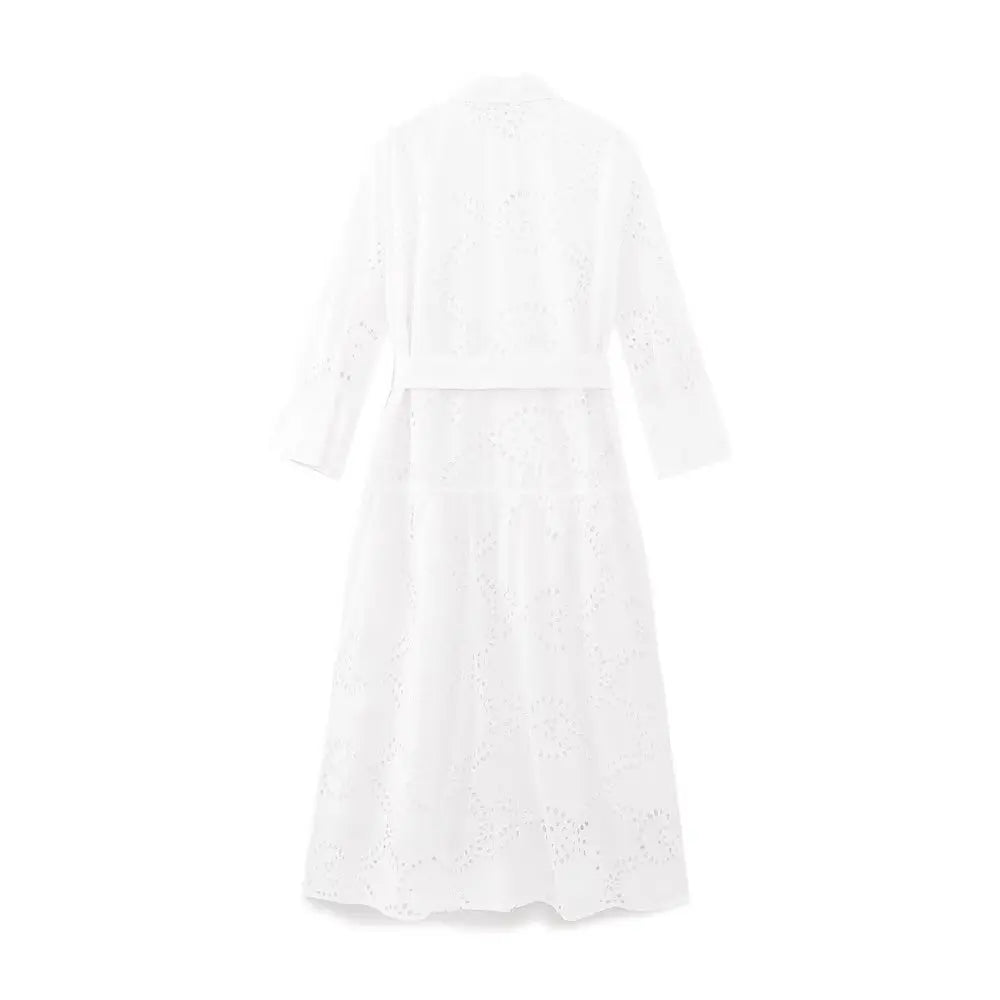 Elegant Embroidered White Dress Women Chic Lapel Long Sleeve High Waist Lace Up Maxi Dresses Fashion Female Hollow Out Vestidos