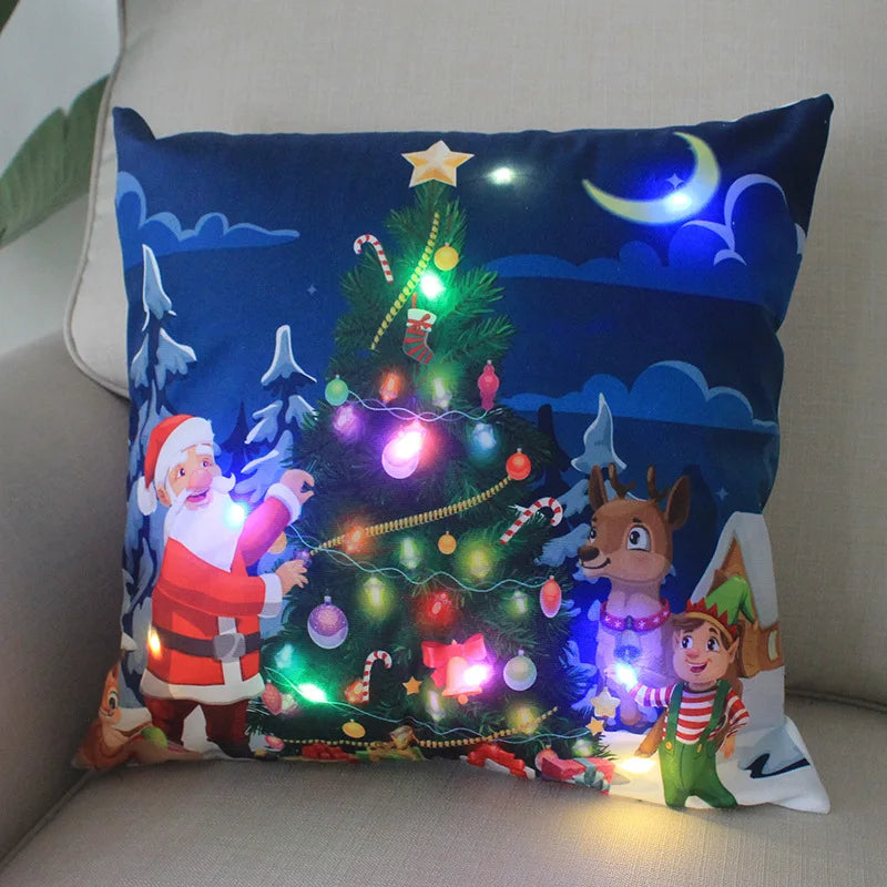 Cartoon Christmas Pillow Covers 18x18 inch LED Xmas Throw Pillows with Lights Christmas Decoration for Home Xmas Decor Kids Room