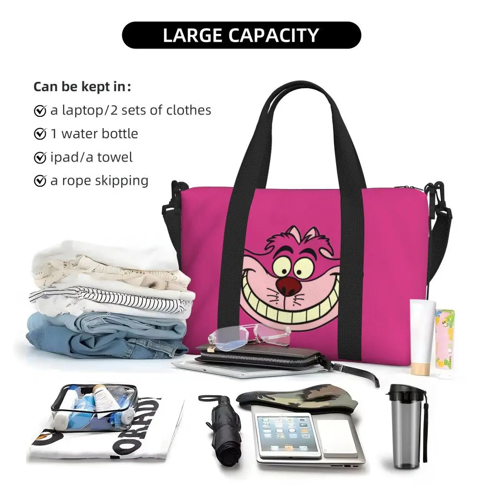 Custom Cheshire Cat Beach Tote Bag for Women We're All Mad Here Cat Big Compartment Gym Beach Travel Bags