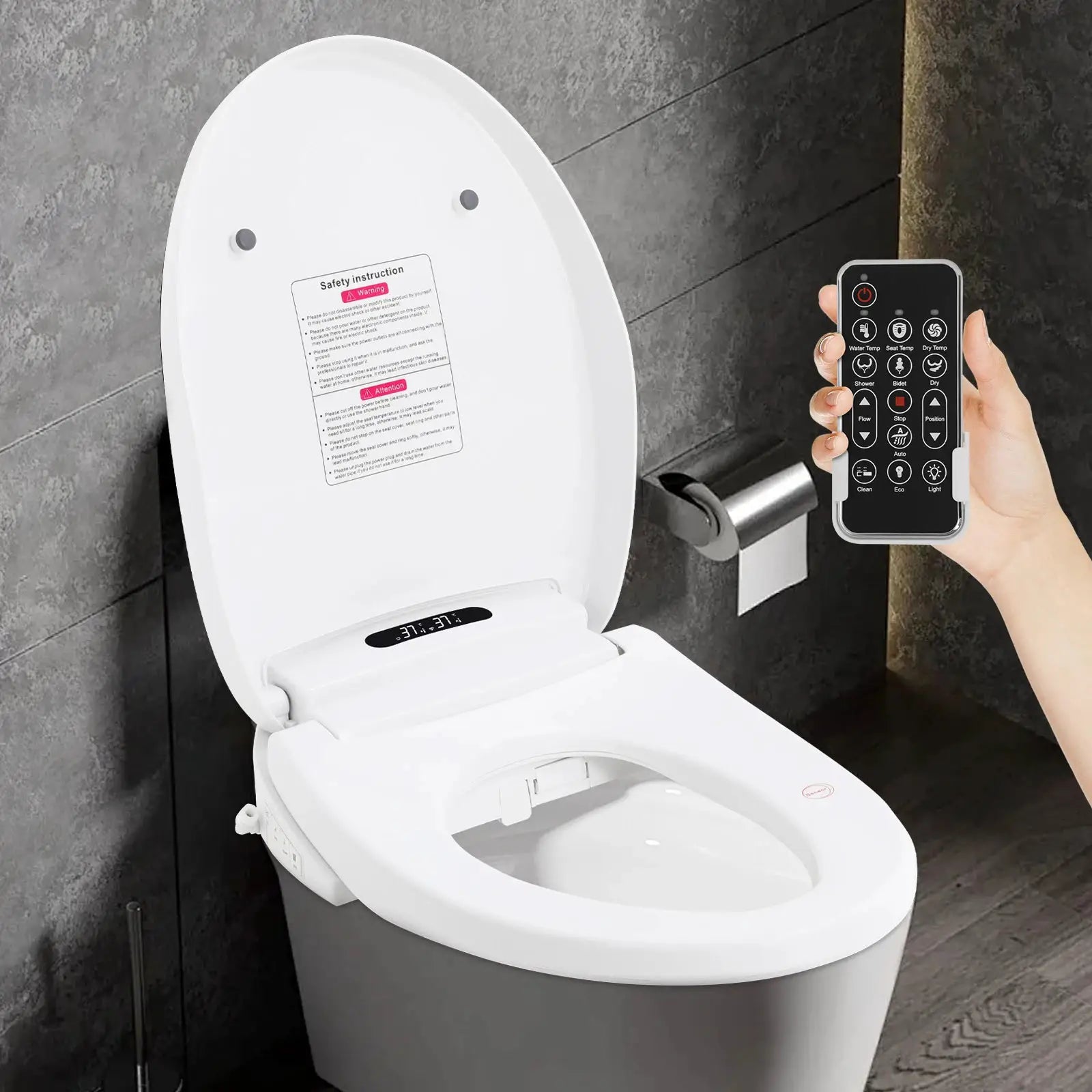 1300W Intelligenter Toilettensitz, 51cm Elektrischer Bidet-Toilettensitz, V-förmiger Beheizter Smart-Toilettensitz mit Fernbedienung & Tasten by Golden Bridge Store