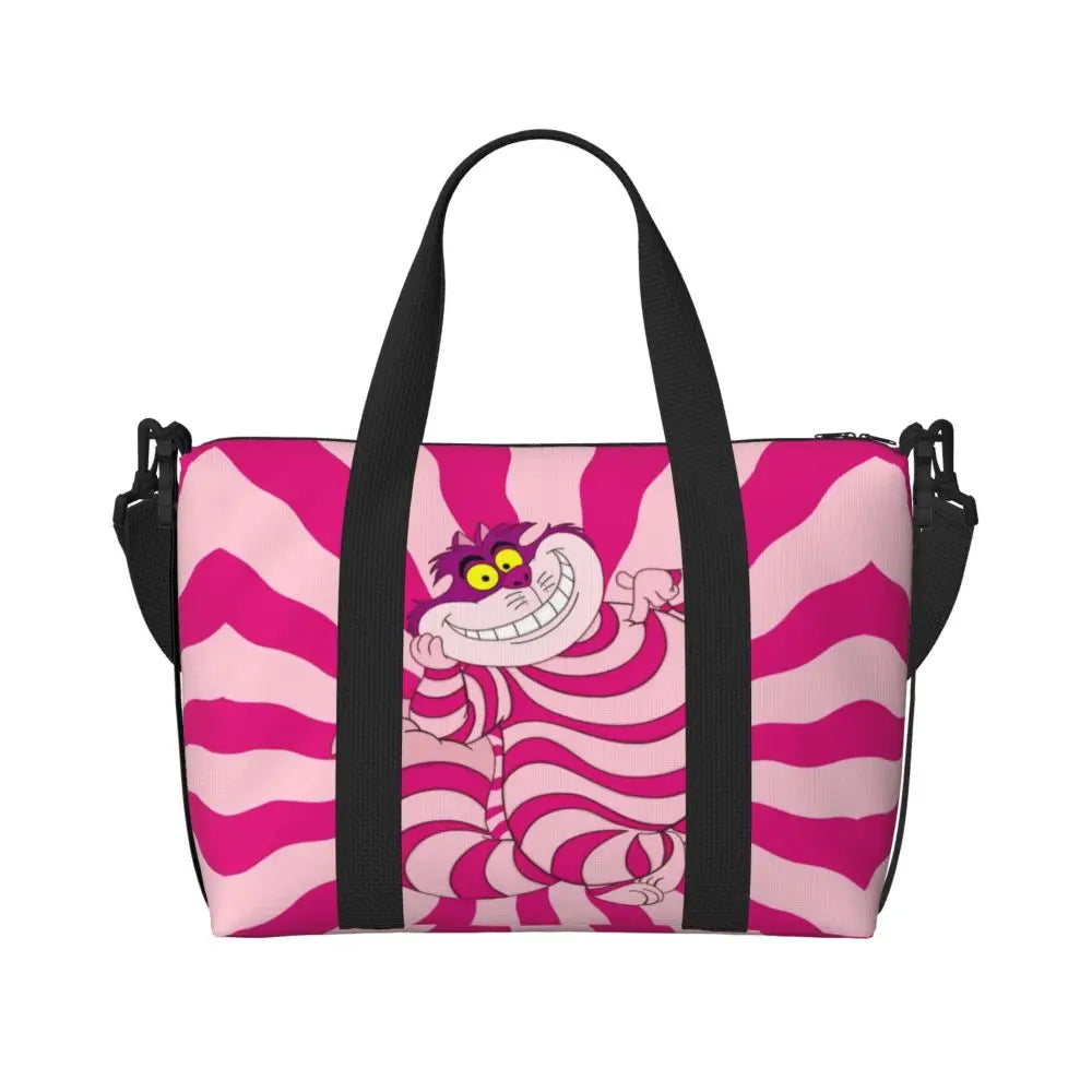 Custom Cheshire Cat Beach Tote Bag for Women We're All Mad Here Cat Big Compartment Gym Beach Travel Bags