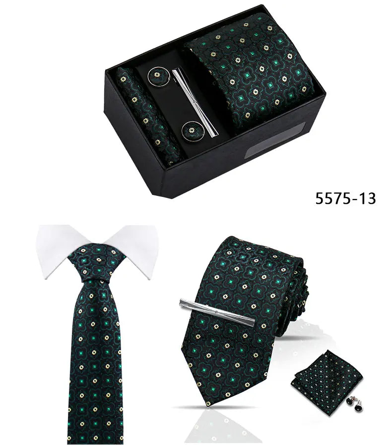 Elegant Men's Suit Necktie Gift Box Set Floral Tie Handchief Cufflinks Tie Clip 4-Piece Business Wedding Party Suit Accessories