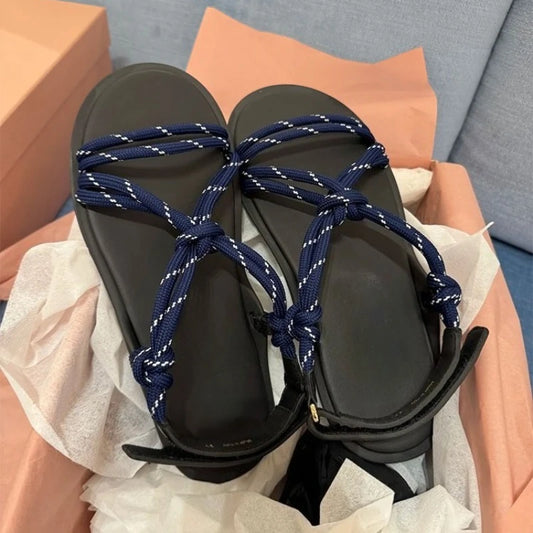 Damen Seil-Knoten Zehentrenner Sandalen - Weiche Sohle Komfort Sommer - Geflochtene Riemen Fashion Sandalen