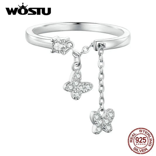 WOSTU 925 Sterling Silver Butterfly Link Open Rings For Women Delicate Shiny Zircon Adjustable Ring Fine Party Jewelry Gift