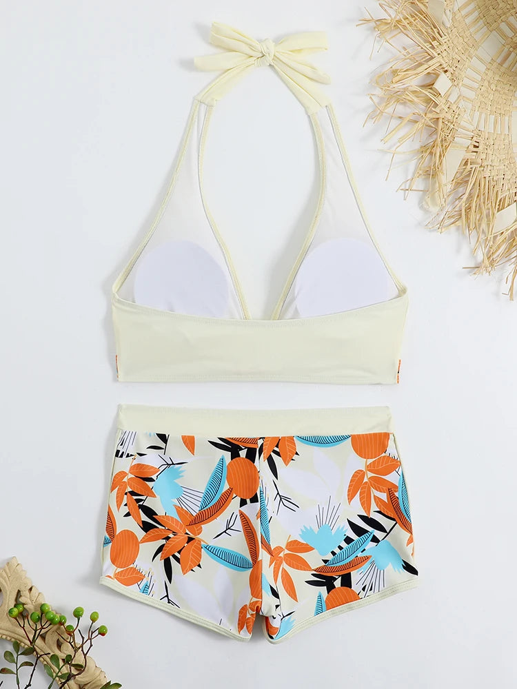 Halter Bikini Set: High Waist Design Wire-Free Support Spandex Polyester - Kurzer Schwimmanzug Frauen Bedruckte Bademode Polsterung Strandmode