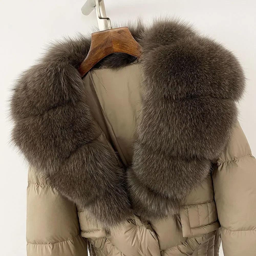 Winter girls jacket with real raccoon fox fur loose fit coat