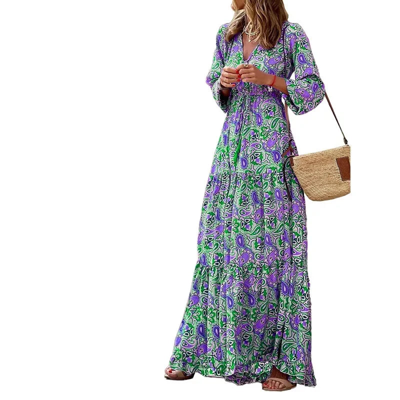 Elegant Women's Flower Long Dresses 2025 Spring New Bohemian Printed Dress Abıye Kadın Abiye Платье Robe Ete Femme Vestidos