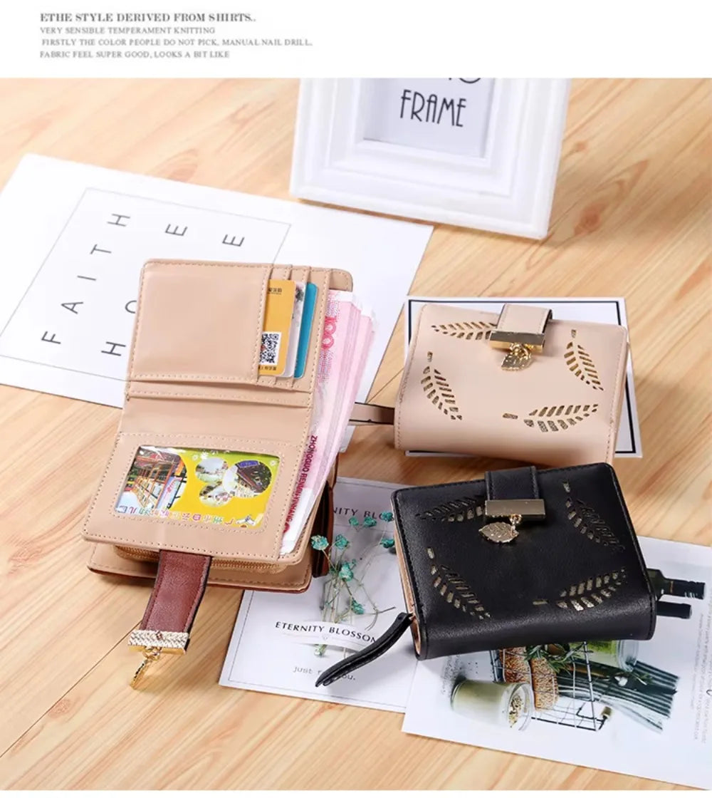 Luxus Frauen Geldbörse Leder Portemonnaie Kurz Reißverschluss Clutch Tasche Klein Ausgehöhlt Blätter Design Mode Marke Geldbörsen