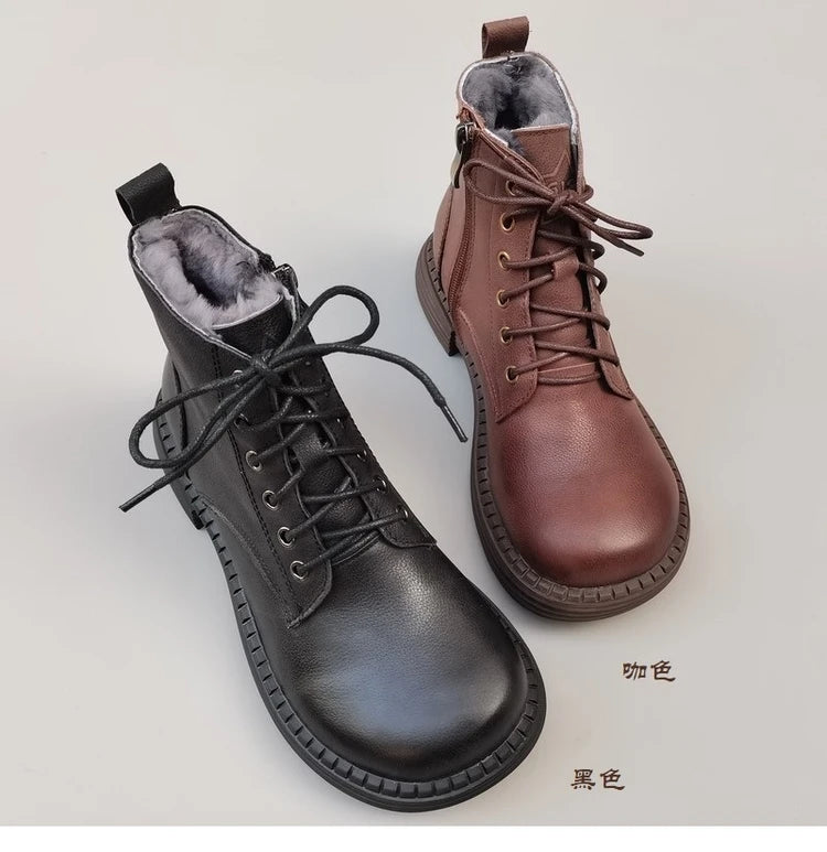 Ghete la gleznă Careaymade, piele naturală, variantă lată - mărime mare, înălțime toc 3-5 cm, căptușeală din lână